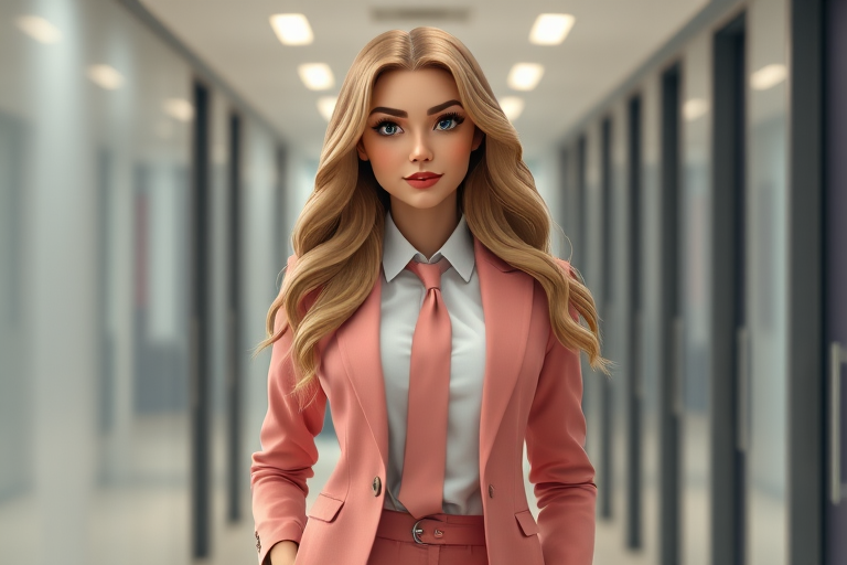 Create a realistic 3D animated image of a confident young woman with long, wavy blonde hair, wearing a stylish pink blazer and a white shirt with a tie, standing confidently in a modern office hallway, with soft lighting and a shallow depth of field, shot on a Canon EOS R5 at f/2.8, ISO 100, 50mm lens, with a cinematic style.