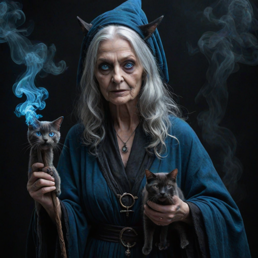 Close-up of a mysterious old crone female witch and her cat made of blue smoke are standing in the dark cackling evilly at the viewer. The smoke is a deep blue, and the background is black. The crone is wearing a long, flowing robe and has a pointed hat on her head. She is holding a staff in one hand and has a mischievous look on her face. The cat is sitting at her feet, looking up at her with glowing blue eyes. The smoke around them is swirling and shifting, as if it has a life of its own. The overall effect is eerie and magical.