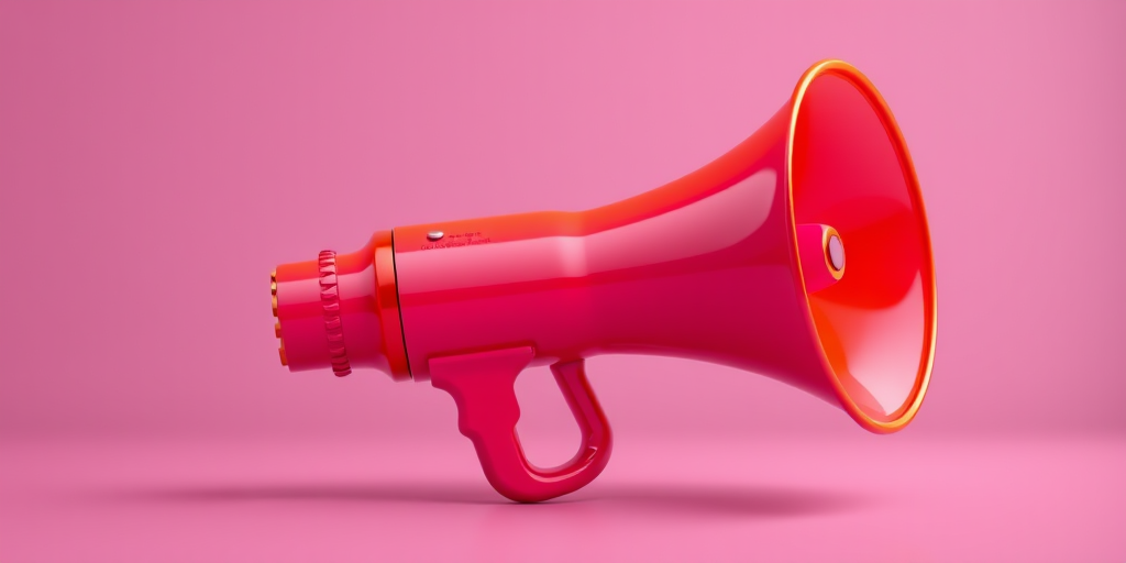 create a 3D rendering of a bright, colorful megaphone with a glossy surface, using a DSLR camera at f/2.8 aperture, 50mm lens, ISO 100, shot in a studio environment with softbox lighting for even illumination and a shallow depth of field to enhance focus on the megaphone