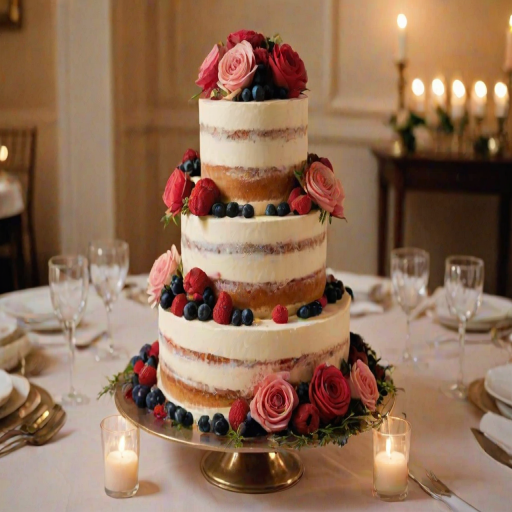 Generate an elegant three-tiered wedding cake with a semi-naked design. The cake should be adorned with fresh roses, raspberries, and blueberries. Place it on a decorative plate surrounded by soft candlelight and floral arrangements in a sophisticated venue. Ensure the background shows a hint of an upscale dining setting with soft lighting.