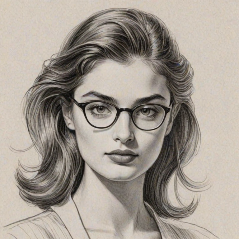 Enticing Diana Silvers, pencil sketch, portrait of Attractive woman 1953s in glasses, hair style beatnik, outline, clear lines, fine lines, 8k