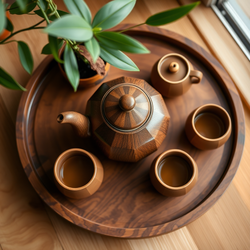 Capture a beautifully arranged wooden tea set with a teapot and matching cups on a round wooden tray, using a DSLR camera at f/2.8 aperture, ISO 100, 1/60 sec shutter speed, in soft natural lighting, with a slight overhead view to emphasize the textures and colors.