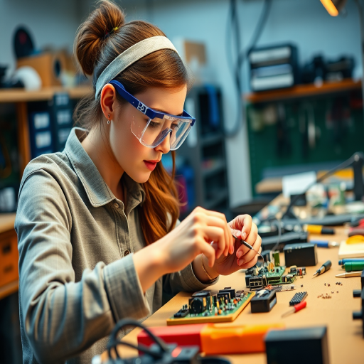 A young woman wearing safety goggles and a headband works on assembling electronic components at a tech workshop, surrounded by various tools and gadgets.