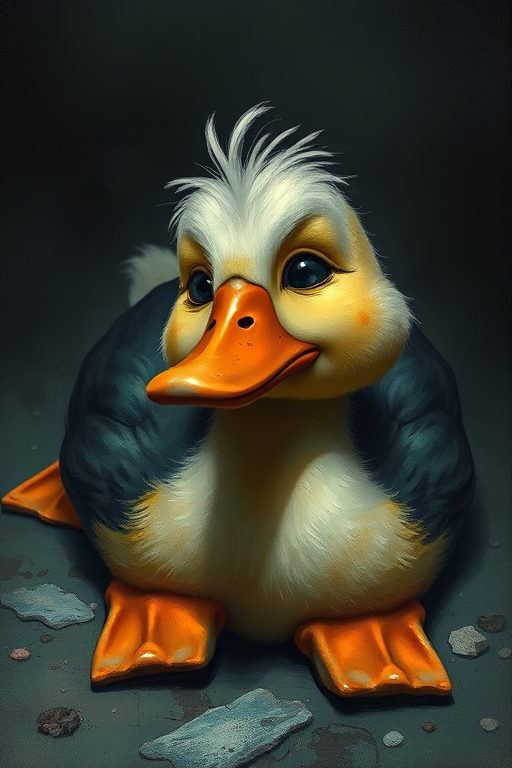 Stunning image of a cute adorable tired looking wacky duck laying flat on the ground, no emotions, moody, grainy, noisy, concept art, by Alberto Seveso, Cyril Rolando, Dan Mumford, Meaningful Visual Art, Detailed Painting, Digital Illustration,