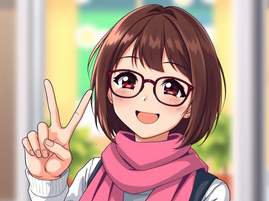 Create a vibrant illustration of a cheerful anime girl with shoulder-length brown hair, wearing glasses and a pink scarf, in a smiling pose with a peace sign, using a Canon EOS R5 camera with a 50mm lens, f/1.8 aperture, ISO 100, shot in portrait view and a soft focus background for enhanced depth and quality.