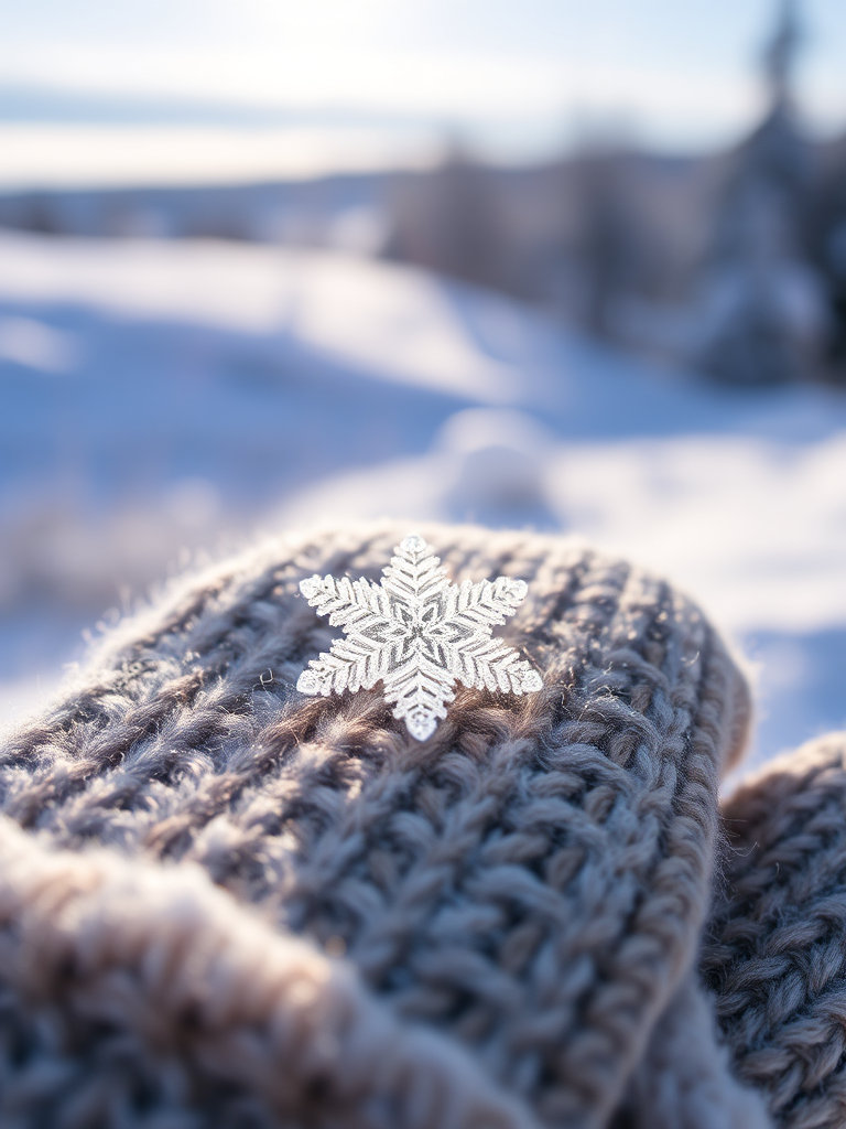 Close-up of a delicate snowflake resting on a woolen mitten, soft natural light illuminating the intricate details, with a snowy landscape softly blurred in the background and a sense of peaceful stillness.