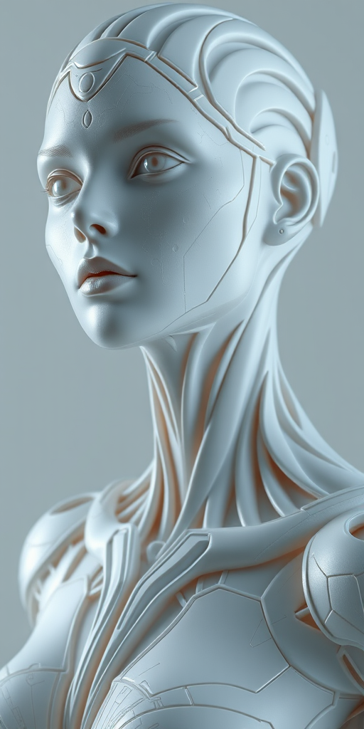 Create a hyper-realistic digital sculpture of a futuristic female figure with intricate details, neutral lighting, close-up shot, 85mm lens, f/1.4 aperture, ISO 100, using a DSLR camera.