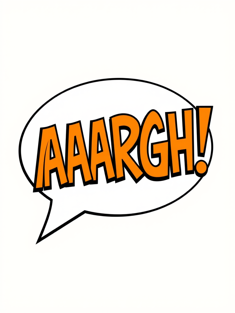 Create an image of a speech bubble with the text "AAARGH!" in bold, dynamic font, using a high-resolution setting at 300 DPI, with a slight tilt and perspective view, captured with a DSLR camera at f/2.8 aperture and ISO 100, in bright, colorful vector style.