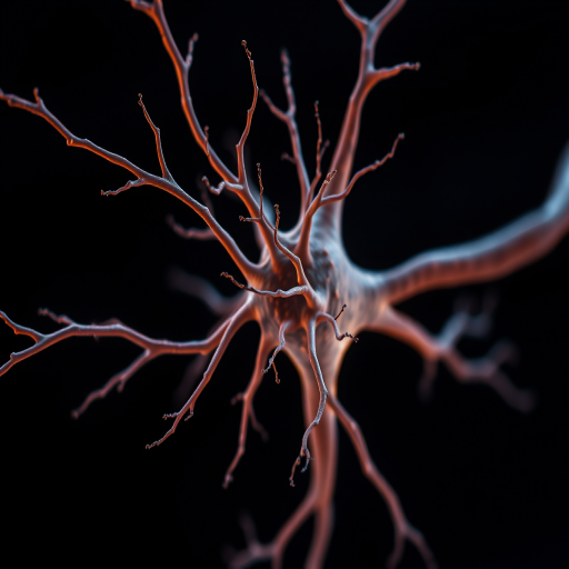highly detailed close-up of a neuron with intricate dendrites and axon, illuminated against a dark background, macro lens, f/2.8 aperture, 1/200s shutter speed, ISO 100, digital DSLR camera