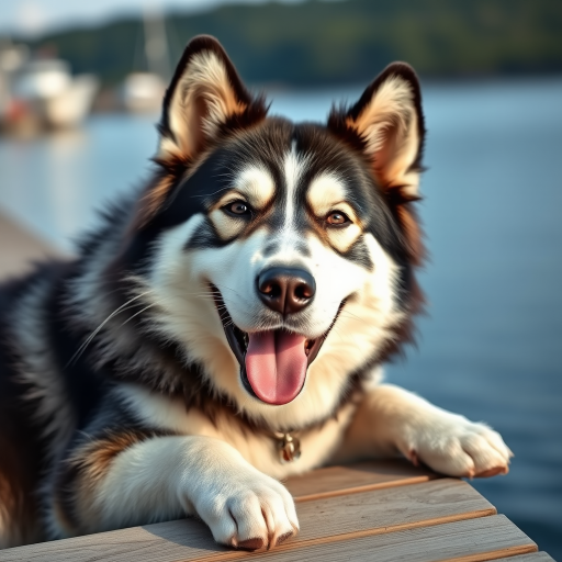 Capture a close-up of a happy Alaskan Malamute resting on a wooden platform by a serene waterfront, with a soft focus on the dog's fur, using a Canon EOS R5 with a 50mm f/1.2 lens at f/2.8, ISO 100, 1/200 sec, ensuring vivid colors and natural lighting for enhanced image quality.
