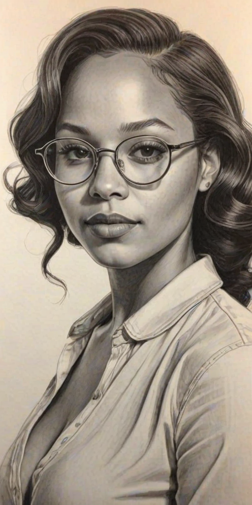 Resplendent Jasmine Cephas Jones, pencil sketch, portrait of Appealing woman 1973s in glasses, hair style beatnik, outline, clear lines, fine lines, 8k