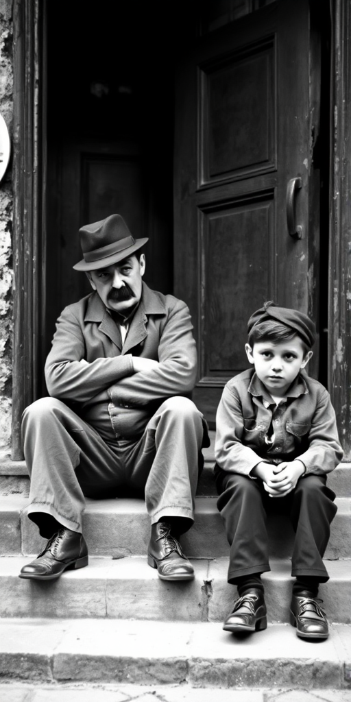 A black-and-white photograph of a man and a child sitting on steps in front of a doorway. The man is dressed as a tramp with a bowler hat, mustache, and ragged clothes, reminiscent of Charlie Chaplin's iconic look. He is sitting with his arms crossed and an expression of slight sadness or frustration. Next to him is a young boy, also in worn clothes and a cap, sitting with his hands clasped, looking thoughtful. The background is an old, textured wall and a partially open door, creating a vintage, early 20th-century atmosphere.