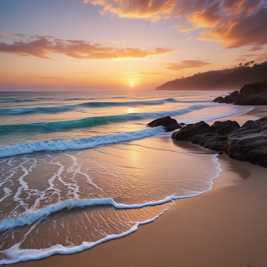 Serene Sunset Over Tranquil Beach with Gentle Waves and Rocky Shoreline