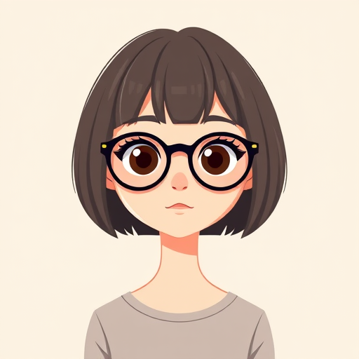 Create a high-quality vector illustration of a cartoon character with glasses and a bob haircut, using a soft color palette, 300 DPI resolution, front view perspective, with a minimalistic background, shot on a digital camera at f/8 aperture and ISO 100 for sharp detail.