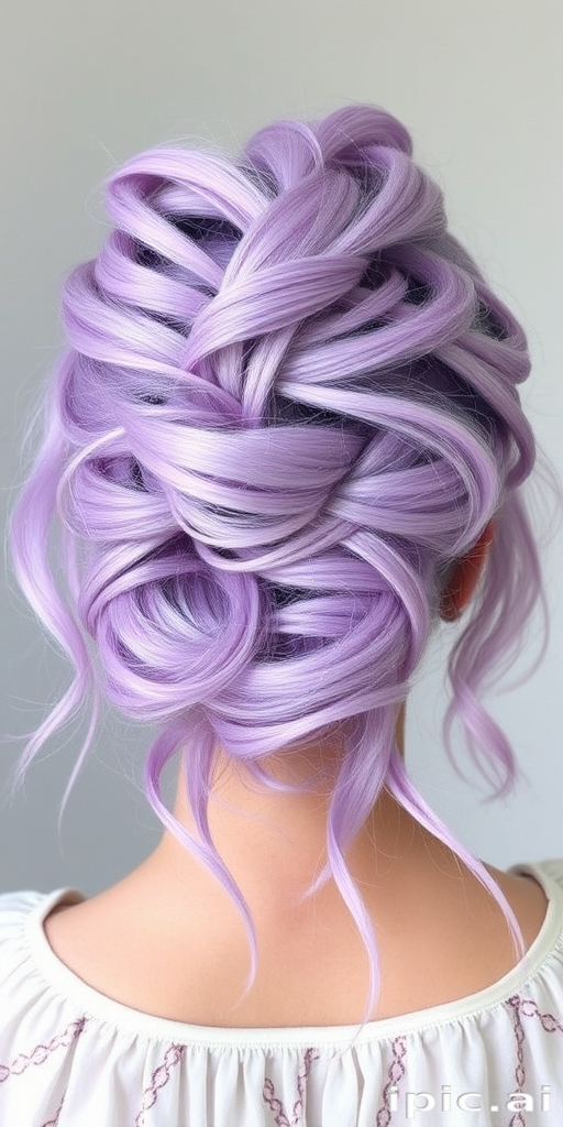 Pastel lavender locks styled in a messy updo with wispy tendrils, the Whimsical Whisper style embodies ethereal charm and dreamy softness, ideal for a fairy-tale inspired look
