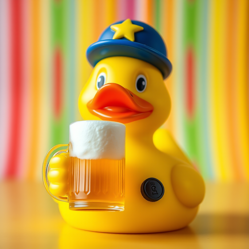 Create a vibrant and detailed image of a yellow rubber duck wearing a blue hat and holding a beer mug, set against a colorful striped background, using a DSLR camera with a 50mm lens, aperture f/1.8, ISO 100, and a soft focus portrait style to enhance image quality.