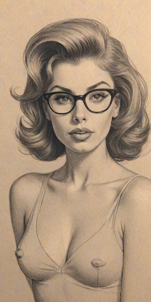 Sublime Tina Louise, pencil sketch, portrait of Fetching woman 1949s in glasses, hair style beatnik, outline, clear lines, fine lines, 8k