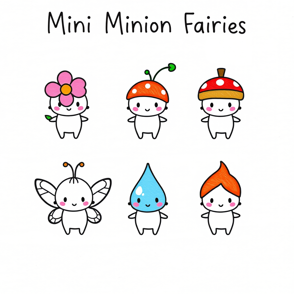"Create an illustration featuring six cute, simple figures with various whimsical themes. Arrange them in two rows:

1. **Top Row:**
   - First figure: A tiny character with a pink flower on its head.
   - Second figure: A little character with green leaves sprouting from its head.
   - Third figure: A small character with an acorn cap on its head.
   - Fourth figure: A character with a red and white spotted mushroom cap.

2. **Bottom Row:**
   - First figure: A character with small butterfly wings.
   - Second figure: A character with a blue water droplet shape on its head.
   - Third figure: A character with a small flame on its head.

Use a soft, hand-drawn style on a textured paper background and label it ""Mini Minion Fairies"" at the top."