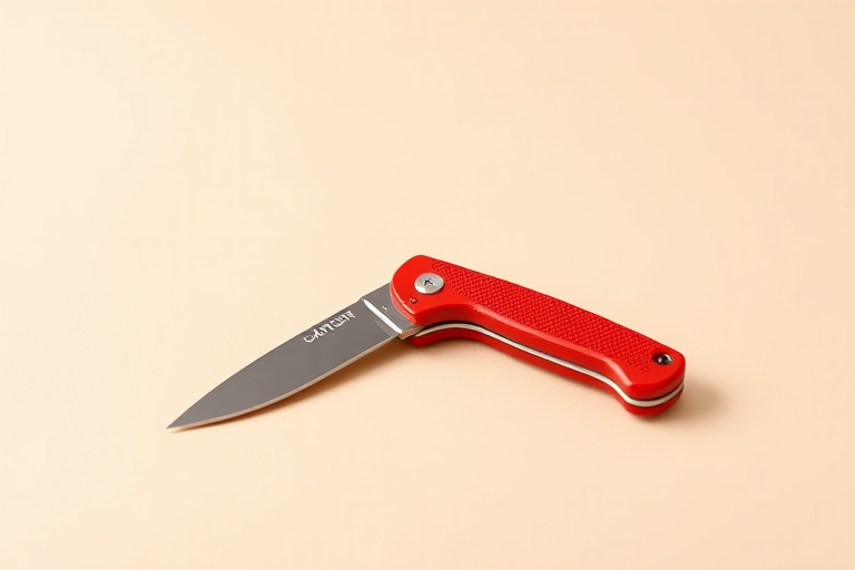 High-quality close-up of a red utility knife on a smooth, light background, taken with a Canon EOS R camera, 50mm lens, f/2.8 aperture, ISO 100, 1/200 sec shutter speed, natural lighting for enhanced detail.