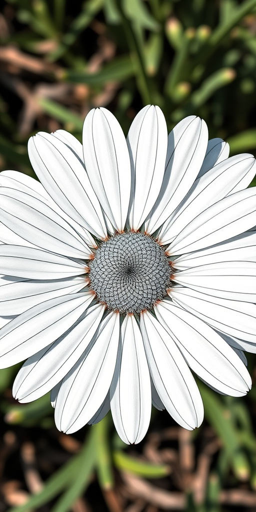 Generate an intricate line drawing of a daisy flower with enhanced details, use a Canon EOS R5 camera, aperture f/2.8, ISO 100, 50mm lens, top-down view, natural light, high dynamic range.