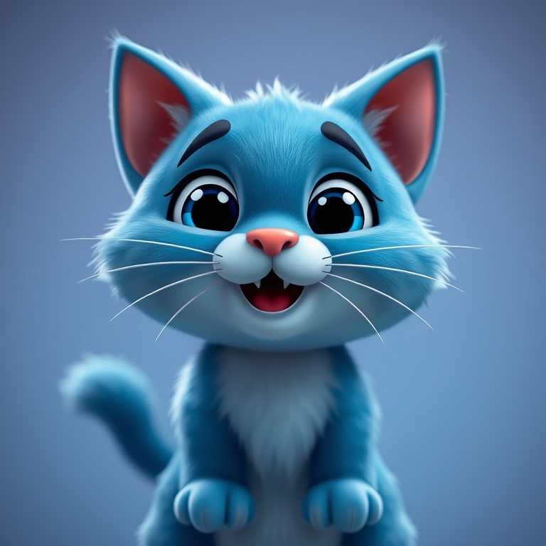 create a playful cartoon cat character with blue tones, smiling, in a bright and cheerful style, captured with a DSLR camera at f/4.0 aperture, 50mm lens, using a vibrant color profile and soft lighting for enhanced quality
