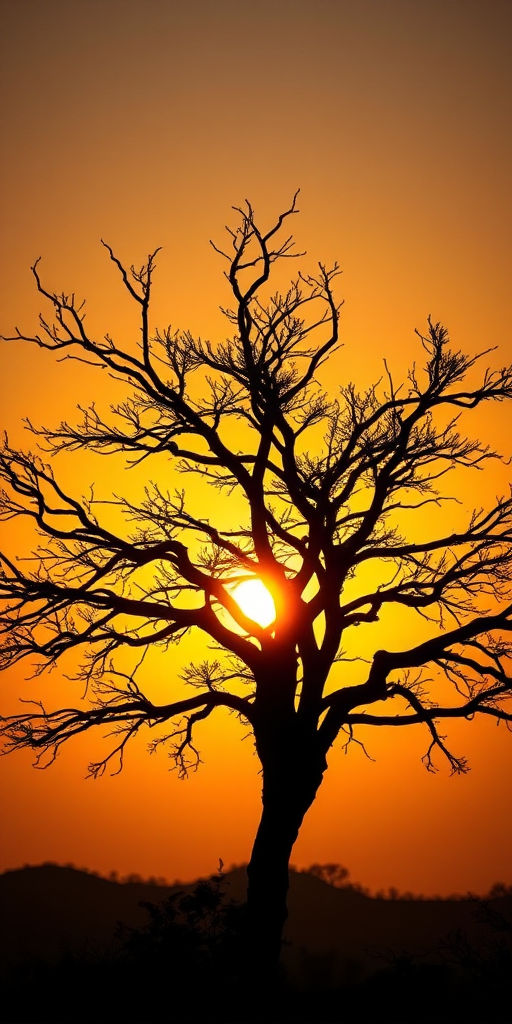 Create a high-resolution image of a silhouette of a tree with a sunset background, using a Canon EOS 5D Mark IV, 50mm lens, f/1.8 aperture, ISO 100, and a golden hour lighting effect for vibrant colors.