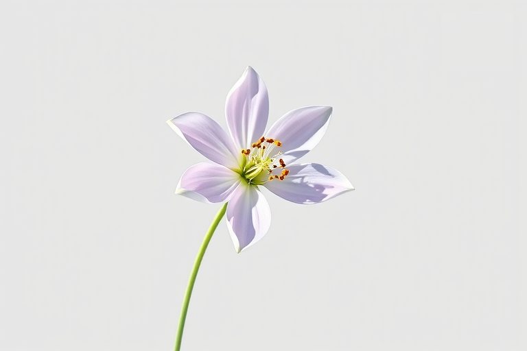 Create a high-resolution image of a single line art flower with soft lavender petals and a green leaf, shot with a DSLR camera at f/2.8 aperture, 50mm lens, in natural light with a minimalistic white background.