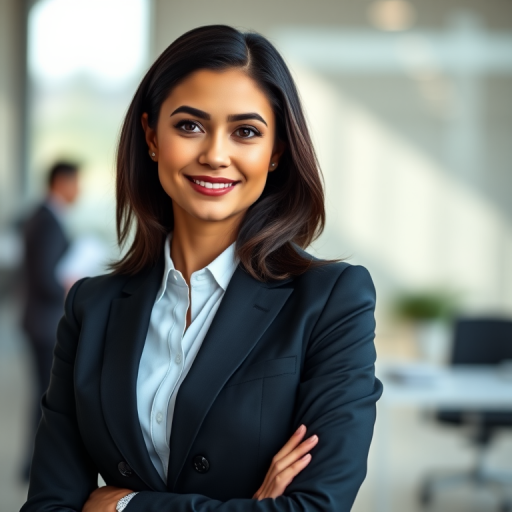 professional headshot of a confident woman in a tailored suit with a blurred office background, natural lighting, shallow depth of field, ISO 200, f/2.8, 85mm lens, portrait orientation, DSLR camera