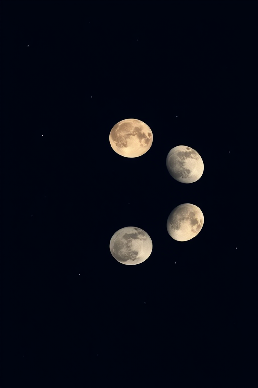 Create an illustration of the phases of the moon against a dark blue background, with stars scattered throughout, using a Canon EOS 5D Mark IV, 50mm lens, f/8 aperture, ISO 200, and a soft focus style for enhanced details.