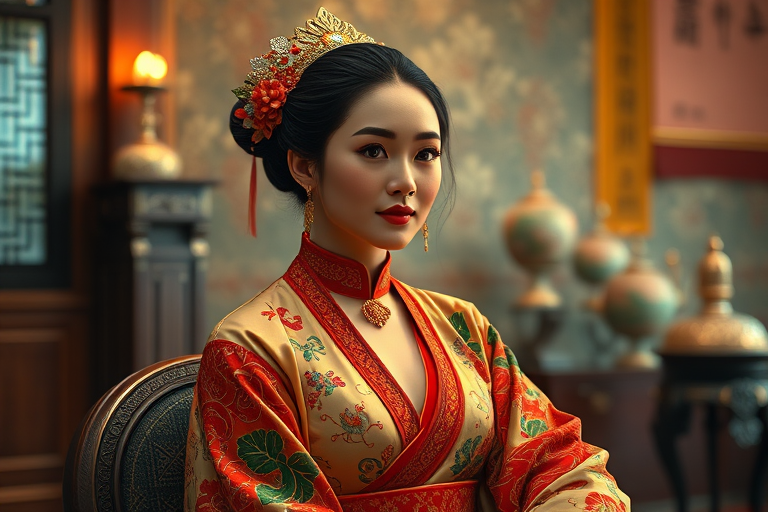 A beautiful Zambo woman in traditional East Asian attire, intricately detailed with embroidered patterns, sitting gracefully in a richly decorated room, soft ambient lighting, serene and elegant, ultra-realistic, 8K resolution