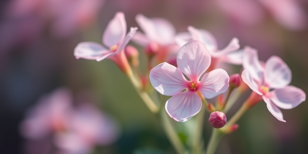 macro shot of delicate pink flowers with soft focus background, aperture f/2.8, shutter speed 1/200 sec, ISO 100, 50mm lens, DSLR camera, natural lighting