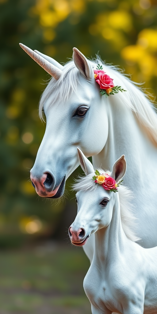 Create a high-resolution image of a majestic white unicorn standing next to a playful young unicorn, with intricate floral decorations in their manes, shot with a DSLR camera at f/2.8 aperture, ISO 100, and a focal length of 50mm, using a soft focus style and natural lighting.