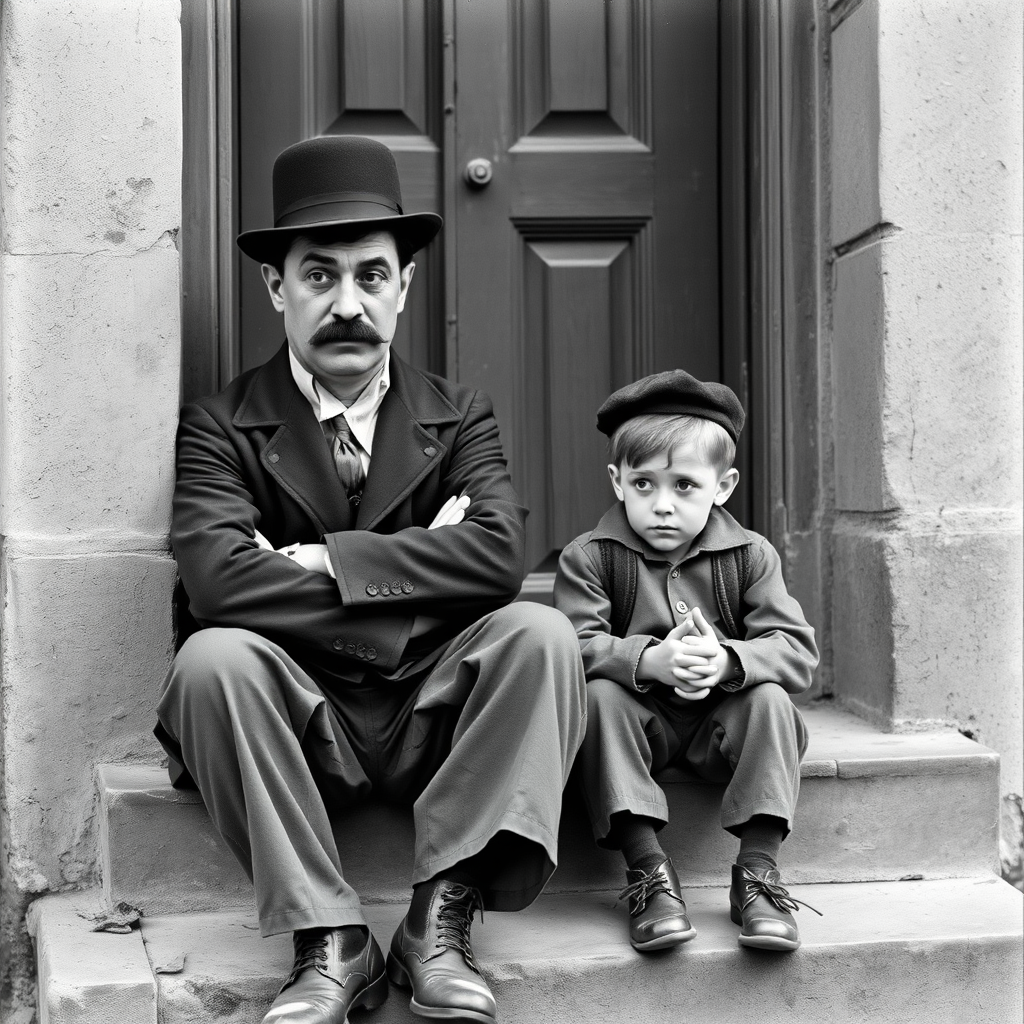 A black-and-white photograph of a man and a child sitting on steps in front of a doorway. The man is dressed as a tramp with a bowler hat, mustache, and ragged clothes, reminiscent of Charlie Chaplin's iconic look. He is sitting with his arms crossed and an expression of slight sadness or frustration. Next to him is a young boy, also in worn clothes and a cap, sitting with his hands clasped, looking thoughtful. The background is an old, textured wall and a partially open door, creating a vintage, early 20th-century atmosphere.