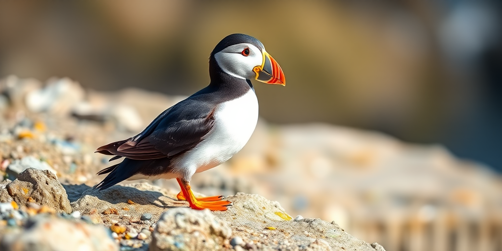 a puffin standing on a rocky surface in natural lighting, captured with a Canon EOS R5, 85mm lens, aperture f/4, shutter speed 1/200s, ISO 100, shallow depth of field, vibrant colors, clear background blur