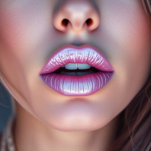 Ethereal woman lips enhanced with pearlescent lavender gloss, full face capture evoking mystical aura and otherworldly beauty