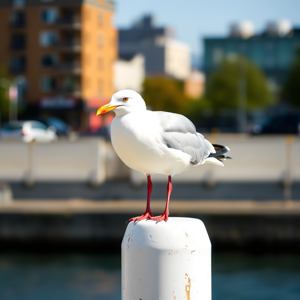 Capture a close-up of a seagull standing on a white post with a shallow depth of field, using a 50mm lens, f/2.8 aperture, ISO 100, and a shutter speed of 1/2000s, in bright daylight with a blurred urban background.