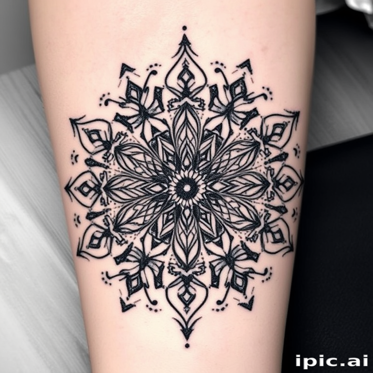 Geometric mandala tattoo named "Sacred Symmetry" featuring intricate patterns and shapes in perfect balance. Delicate dotwork shading adds depth and dimension to the design, while clean lines create a mesmerizing optical effect. Black ink dominates the piece, with subtle touches of white ink highlighting key elements for added contrast.