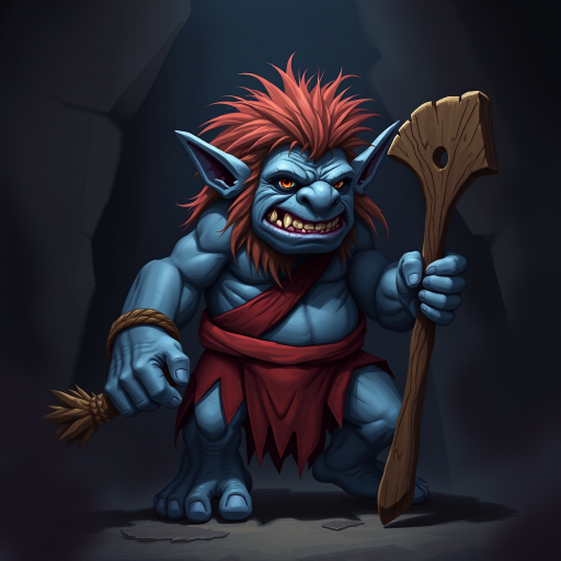 Regenerate a detailed illustration of a blue-skinned troll with a single eye, adorned with a red loincloth and wielding a wooden club, in a dark environment, using a DSLR camera with a 50mm lens, f/1.8 aperture, ISO 100, low angle shot, soft lighting for dramatic effect.