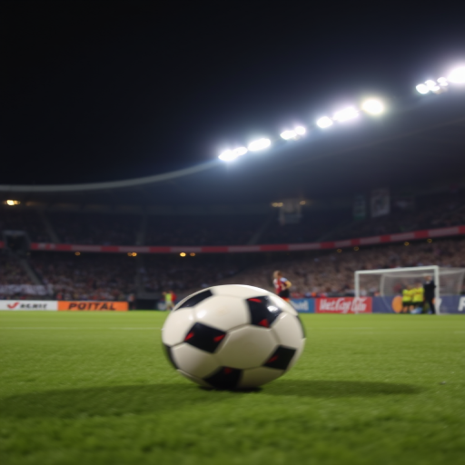 Blurry action shot of a soccer ball just about to be kicked during a nighttime game, stadium lights shining brightly overhead, and the faint outline of cheering fans in the background.