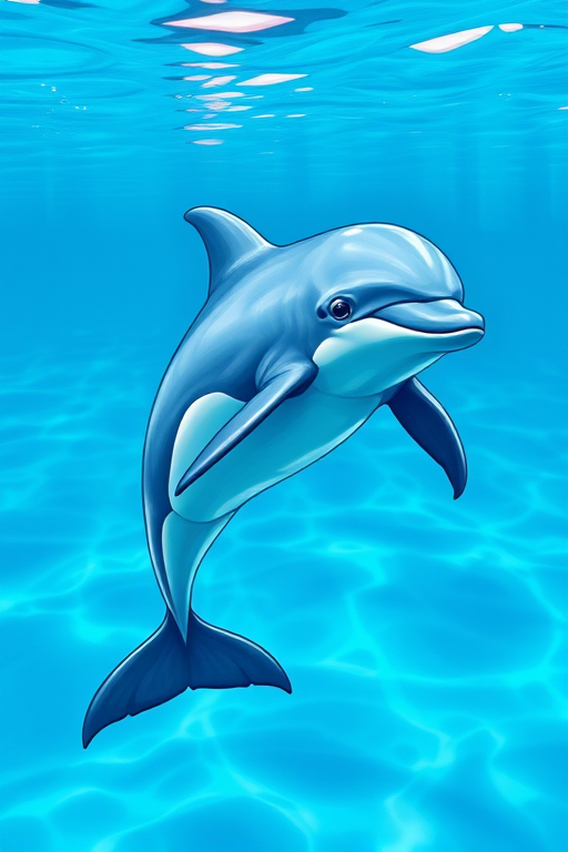 Create a vivid illustration of a dolphin swimming, using a high-resolution digital drawing style, with a vibrant blue color palette, set against a clear ocean background, shot with a 50mm lens at f/2.8 for shallow depth of field, and a soft lighting effect to enhance the details.