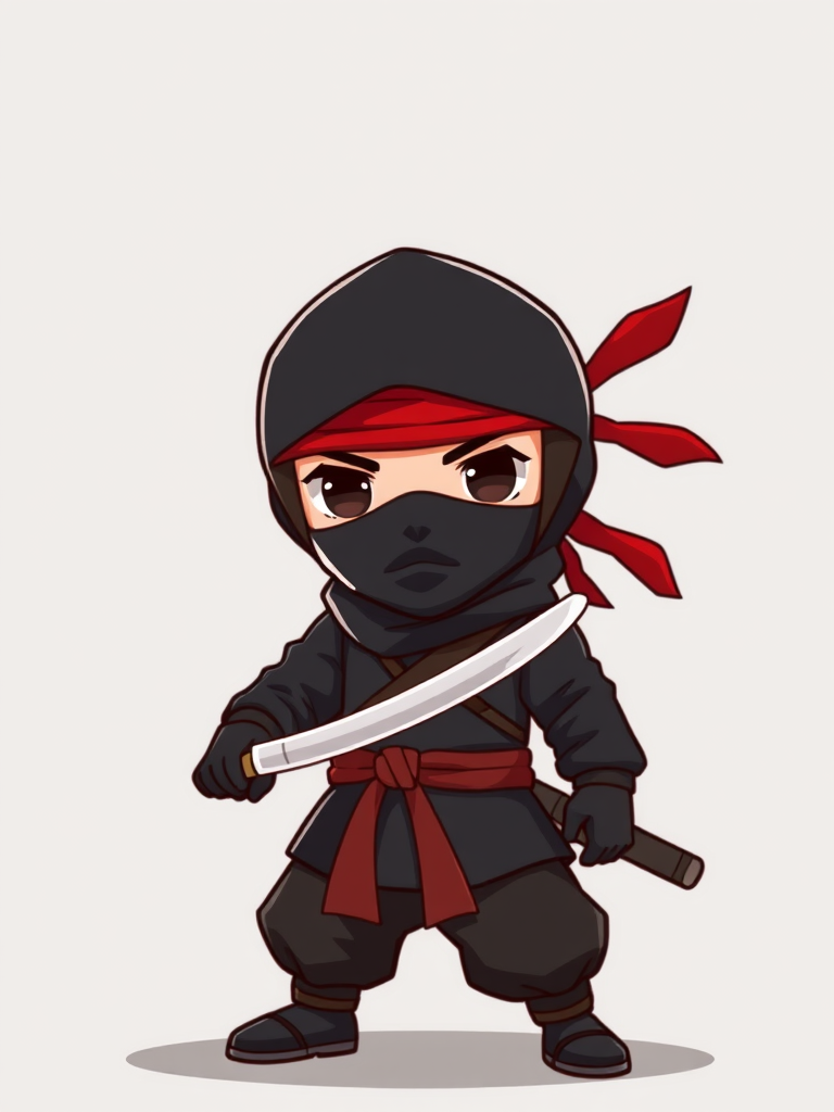 Create a cartoon-style image of a ninja character with black attire and a red headband, holding a small sword, in high resolution, using a DSLR camera with an aperture of f/2.8, ISO 100, 50mm lens, and a focus on the character against a simple background.