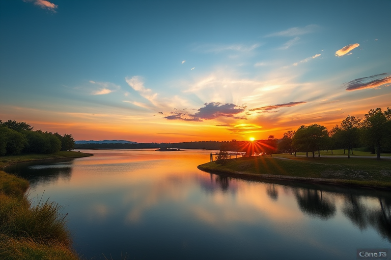 Generate a high-resolution image of a serene landscape with a vibrant sunset over a lake, using a Canon EOS R5 camera, 24mm lens, f/8 aperture, ISO 100, shutter speed 1/125s, with a wide-angle view for enhanced depth and clarity.