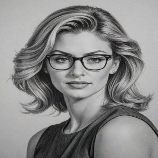 Radiant Erin Andrews, pencil sketch, portrait of Pleasing woman 1953s in glasses, hair style beatnik, outline, clear lines, fine lines, 8k