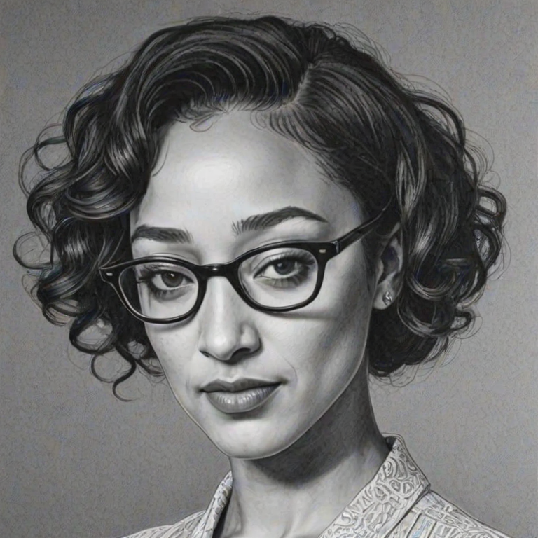 Radiant Ruth Negga, pencil sketch, portrait of Enticing woman 1954s in glasses, hair style beatnik, outline, clear lines, fine lines, 8k