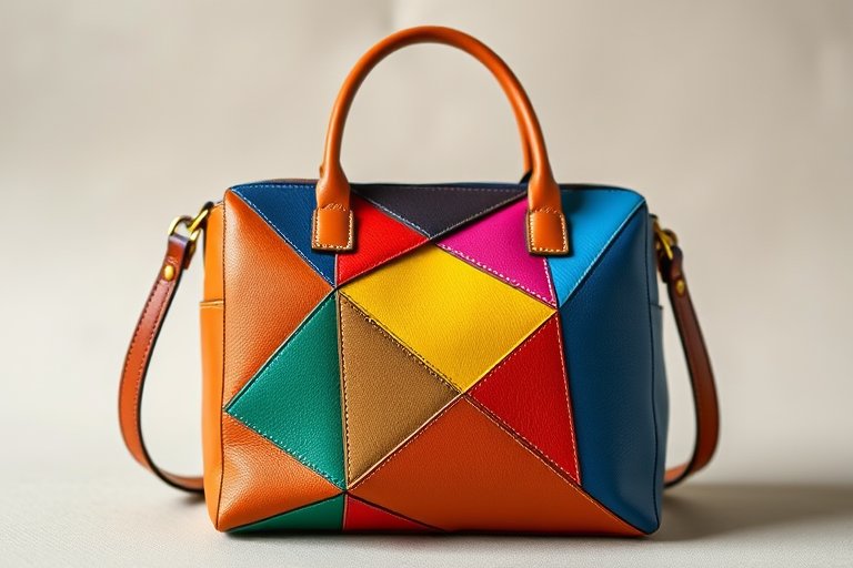 photograph a colorful geometric leather handbag on a neutral background, take with a Canon EOS R5, 50mm lens, f/2.8 aperture, ISO 100, natural soft lighting, shallow depth of field, focus on texture and color contrast