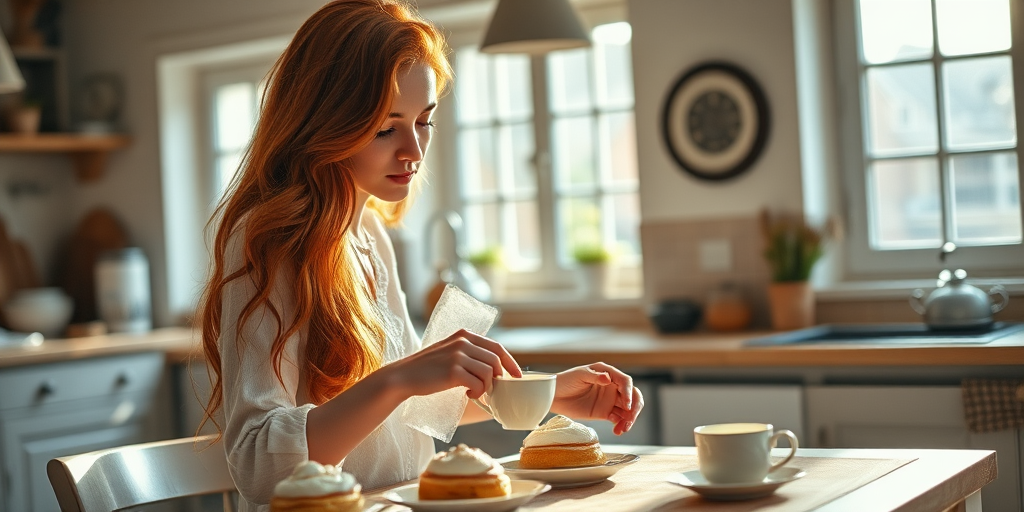 regenerate an image of a young woman with long, flowing red hair softly arranging tea cups and pastries on a table in a sunlit, rustic kitchen with large windows; use a Canon EOS R5 with a 50mm f/1.2 lens at f/2.8, ISO 200, and a shutter speed of 1/125 sec, in soft natural lighting for a warm, inviting atmosphere.