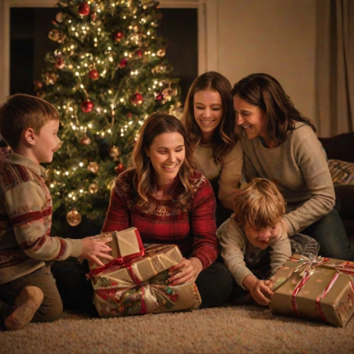 Warm, intimate photo of a family gathered around a Christmas tree, soft glow from the lights reflecting off ornaments, presents stacked under the tree, children's faces lit up with joy, the smell of pine and cinnamon lingering in the air.
