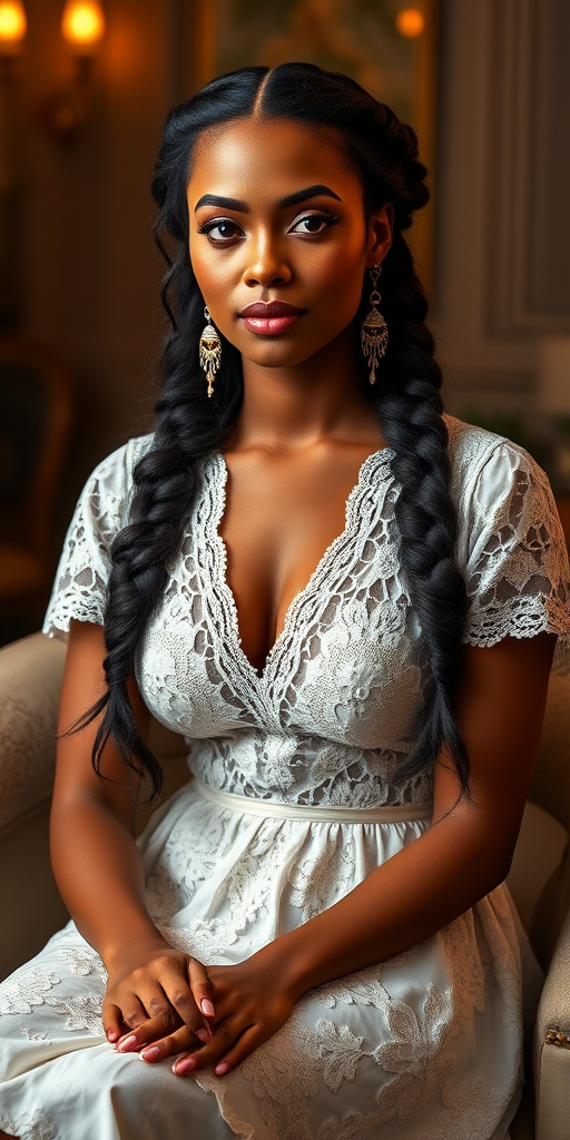 Create a portrait of a refined and elegant woman seated in a sophisticated setting. She has long, wavy hair styled in two thick braids that are pulled over her shoulders. She wears a white, lace gown with intricate patterns, featuring a deep V-neckline and short sleeves. The dress exudes a vintage charm with its delicate lacework. She is adorned with ornate, dangling earrings that add a touch of glamour to her appearance. The background is softly lit, with warm, ambient lighting that creates a cozy and inviting atmosphere. Her expression is poised and serene, capturing a sense of grace and elegance.