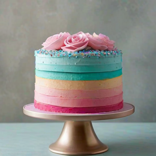 Create an image of a three-layer cake with a smooth ombre frosting design that transitions from light pink to turquoise. The top of the cake should be adorned with swirls of pastel pink, blue, and lavender frosting roses. Add colorful sprinkles and edible jewels around the base of the cake on a shiny silver cake board. The background should be simple and neutral to highlight the cake.