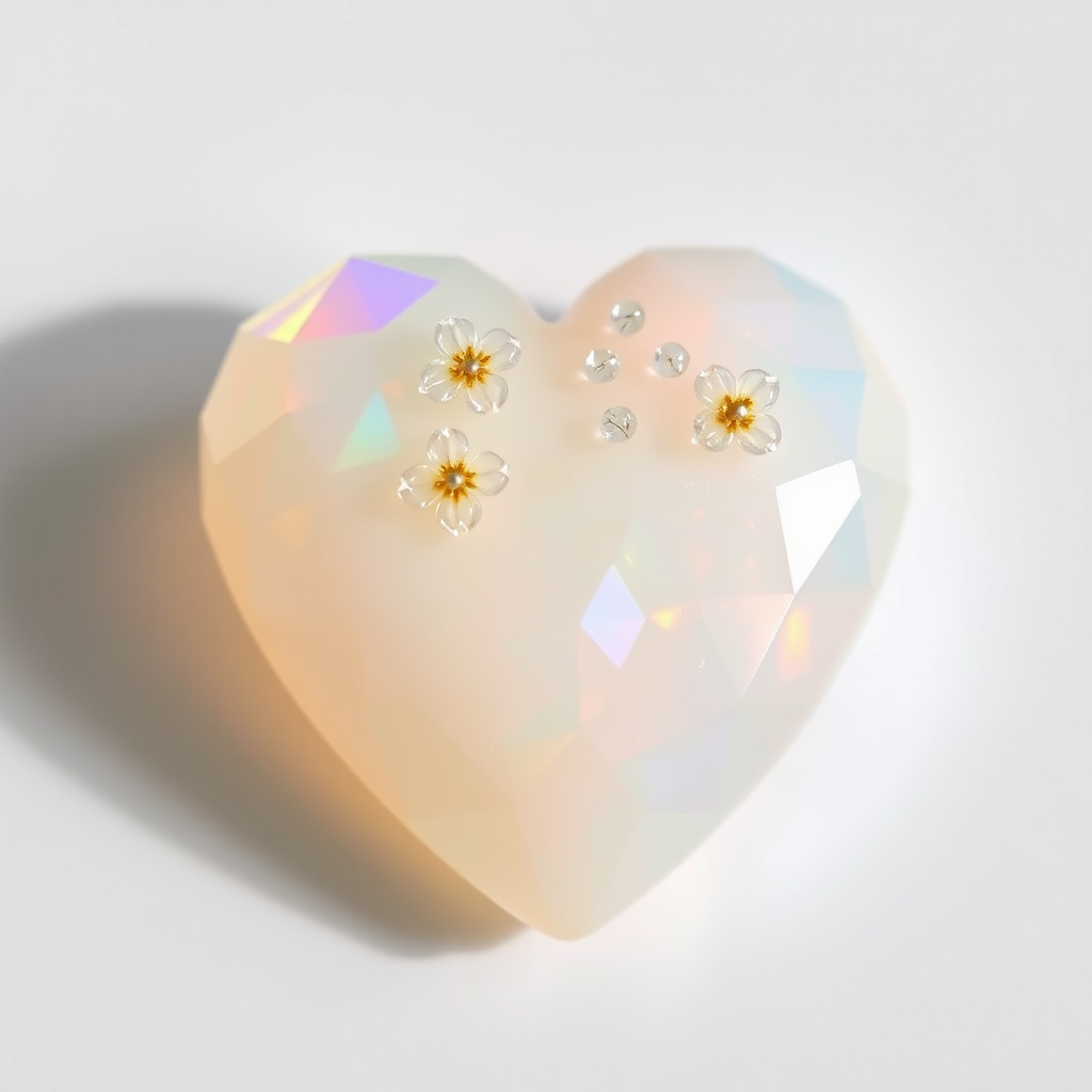a human heart made of facet cut opal crystal, decorated with small crystal flowers, pastel colors, fine subtle gold details, white background, small drop shadow, beautiful light incidence, prism.